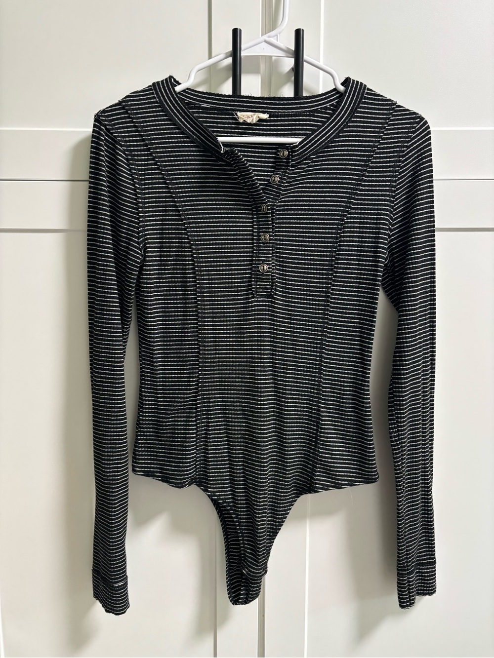 Hem & Thread Black & White Striped Long Sleeve Ribbed Henley Bodysuit Size S